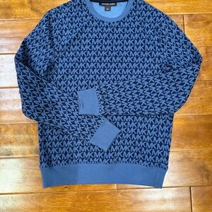Michael Kors Blue Patterned MK Logo Crewneck Sweater